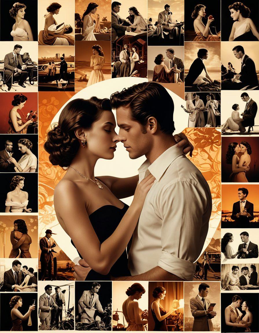 A dynamic collage depicting the evolution of romance in adult content, featuring historical references from vintage films to modern high definition visuals. Include iconic romantic scenes blending classic sepia tones with vibrant contemporary colors, and showcase a diverse range of couples from various cultures sharing intimate moments. Layer the background with abstract digital art representing the advancement of technology in film. super-realistic. vibrant colors. cinematic style.