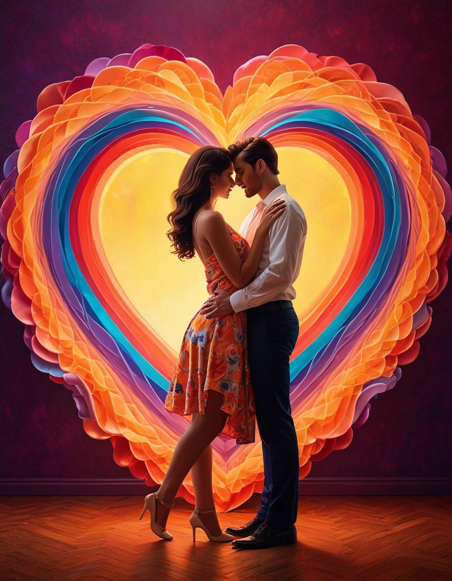 A romantic scene depicting a couple embracing, surrounded by abstract representations of passion and intimacy, such as swirling heart shapes and radiant colors that symbolize desire. The backdrop transitions through various artistic styles representing different eras of romance in adult entertainment, from vintage aesthetics to modern visuals. The atmosphere is warm and inviting, highlighting the evolution of love. super-realistic. vibrant colors. soft focus.